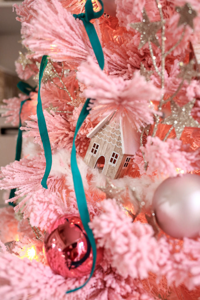 pink christmas tree with gingerbread houses
