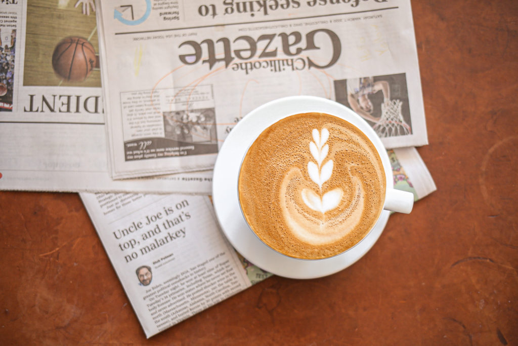 vanilla latte at paper city coffee in downtown chillicothe, ohio 