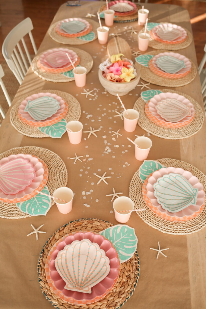 pink palm puff birthday party decor