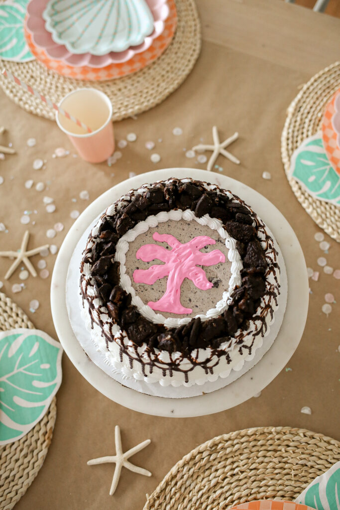 pink palm puff birthday party cake