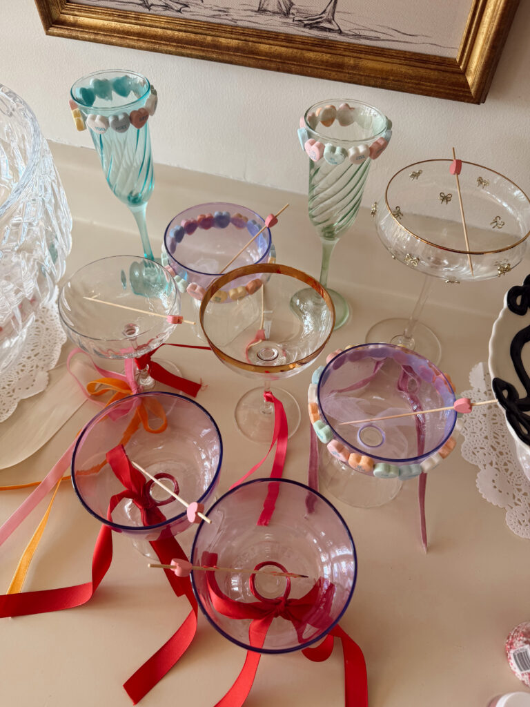 conversation hearts around glass rim for valentine's day party