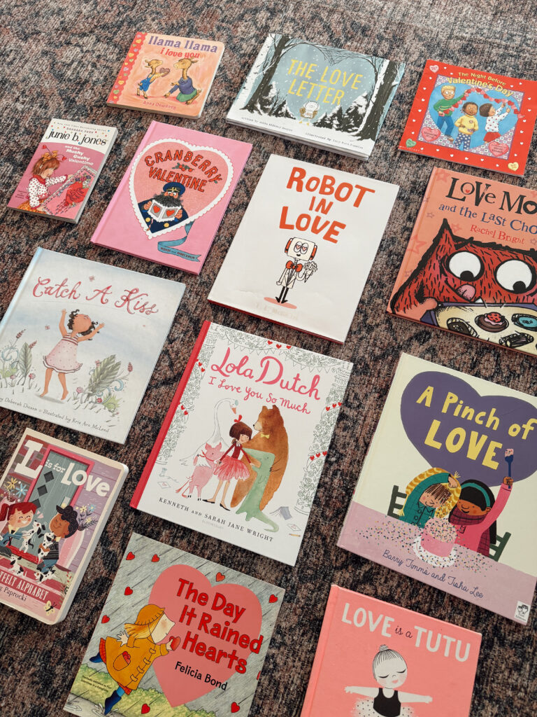 valentine's day children's books including a pinch of love, catch a kiss, and robot in love